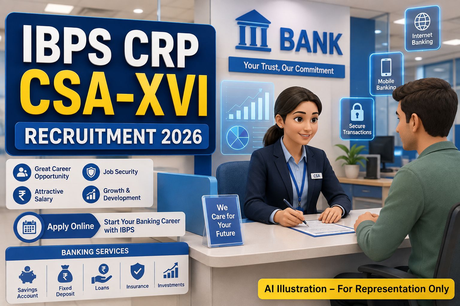 IBPS CSA XVI Recruitment 2026 Notification Banner showing Customer Service Associate posts in banking sector