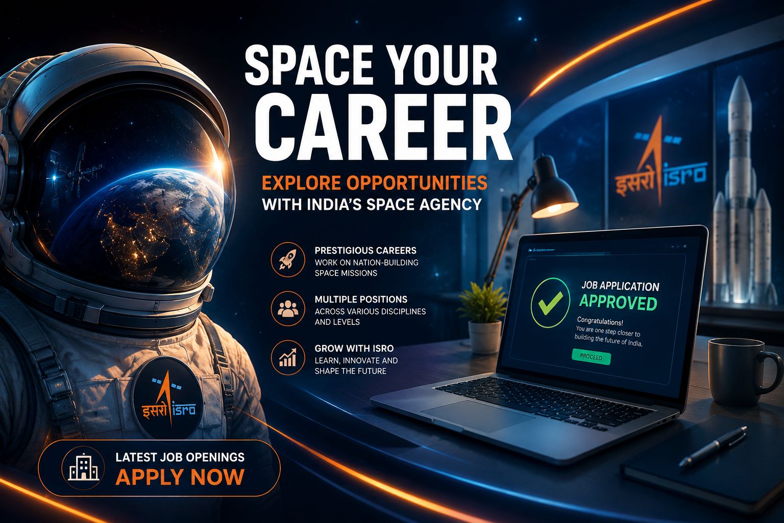 ISRO Assistant and JPA Recruitment 2026 official banner with rocket launch and CGPA eligibility details