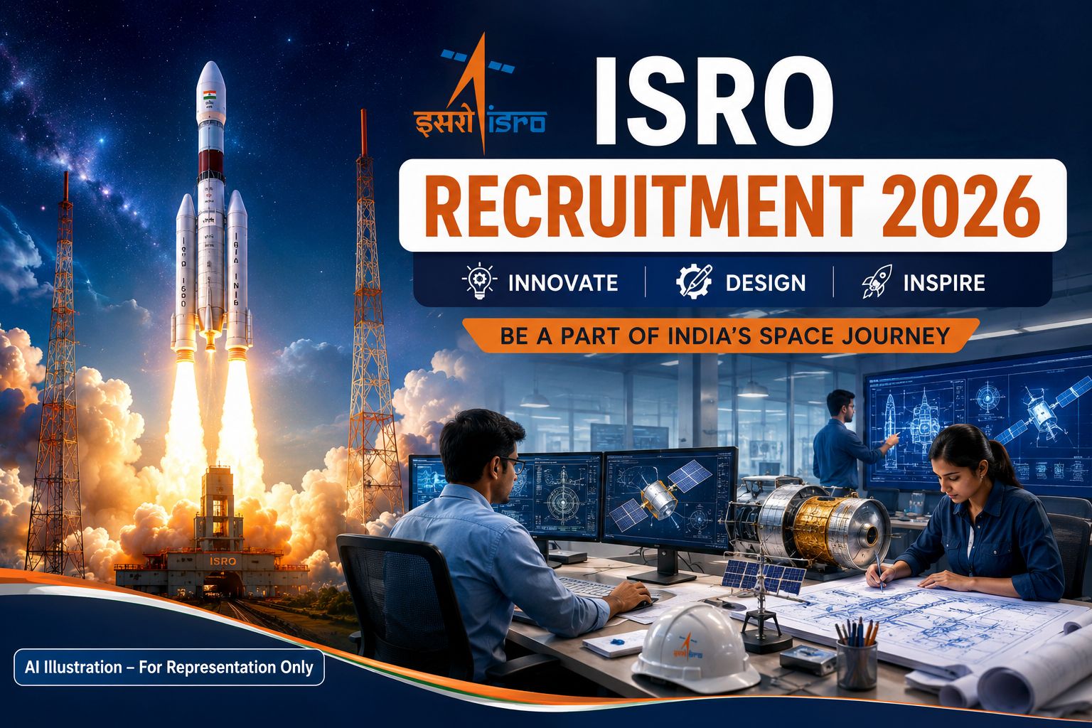 ISRO Scientist Engineer SC Recruitment 2026 Notification Banner showing satellite launch and engineering graphics