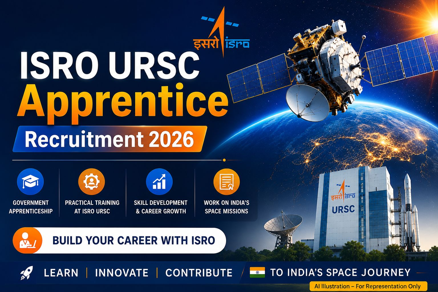 ISRO URSC Apprentice Recruitment 2026 official banner showing space satellite and announcement text