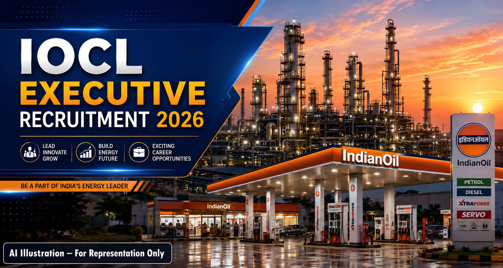 Indian Oil Corporation Limited (IOCL) Executive Recruitment 2026 official notification banner showing refinery and fuel station background.