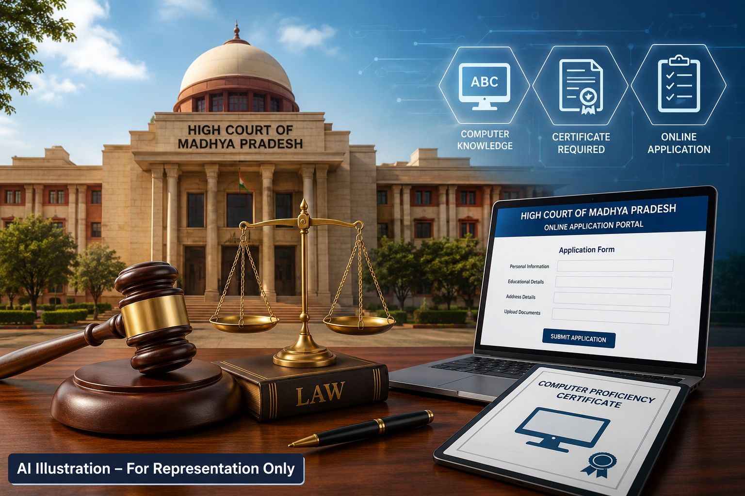 MP High Court Assistant Grade 3 Recruitment 2026 notification banner featuring scales of justice and judicial emblem