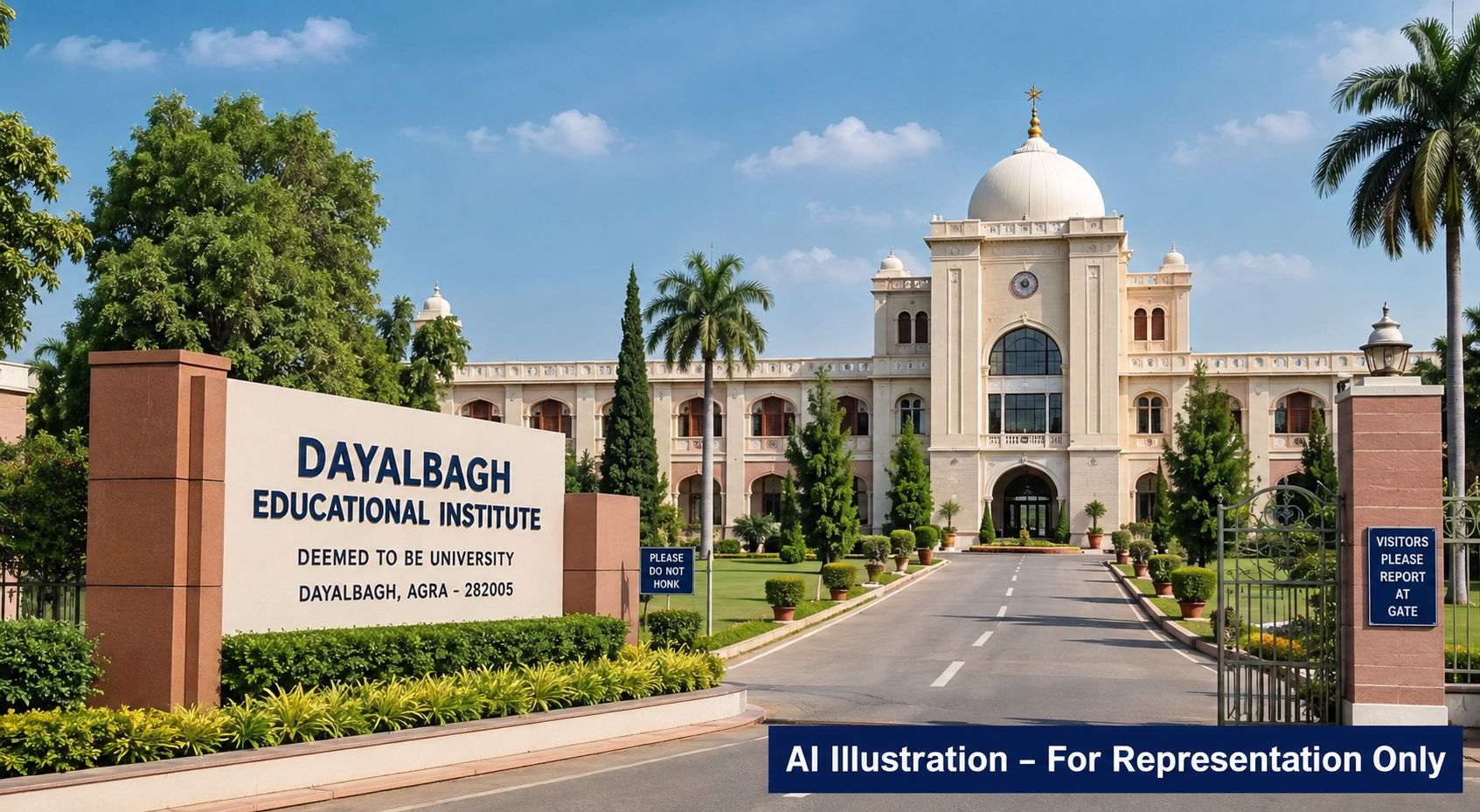 Main academic building and green campus of Dayalbagh Educational Institute, Agra
