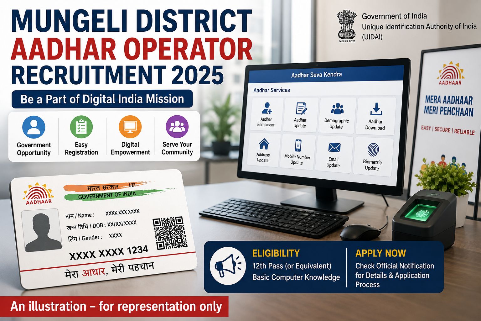 Mungeli District Aadhar Supervisor and Operator Recruitment 2026 Notification Banner