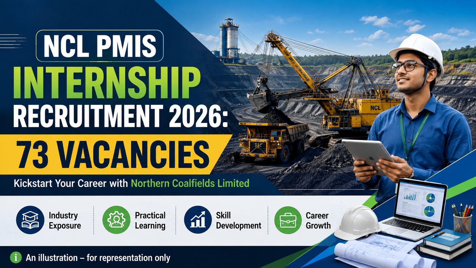 NCL PMIS Internship Recruitment 2026 notification banner showing 73 vacancies across technical and clerk trades