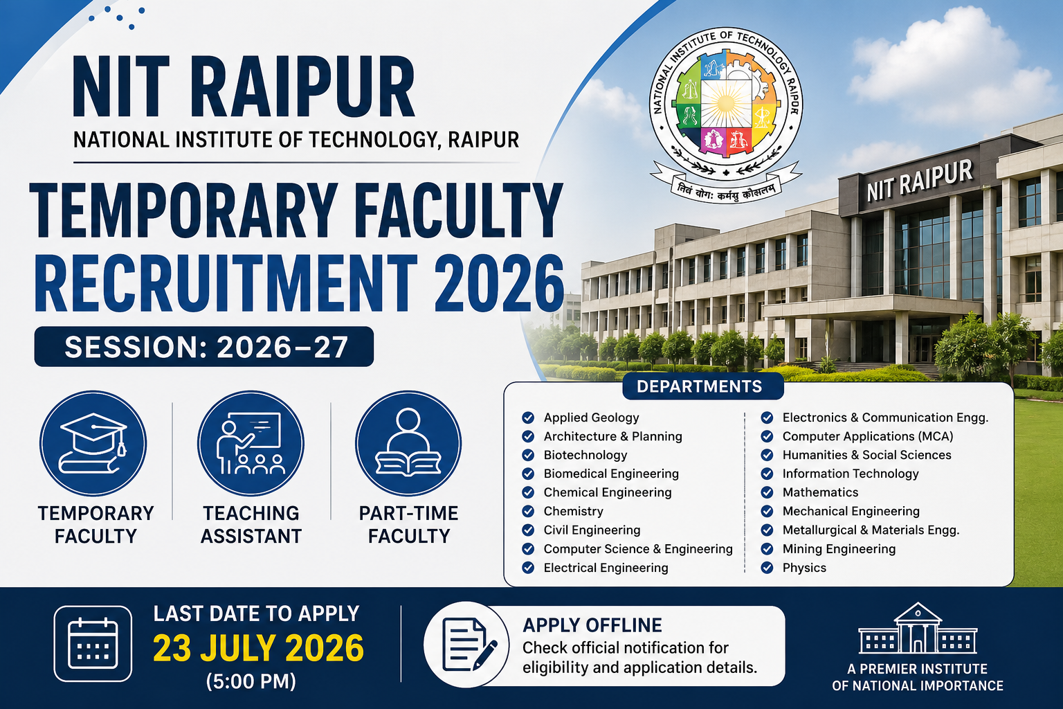NIT Raipur Temporary Faculty Recruitment 2026 Notification for Temporary Faculty, Teaching Assistant and Part-Time Faculty Posts