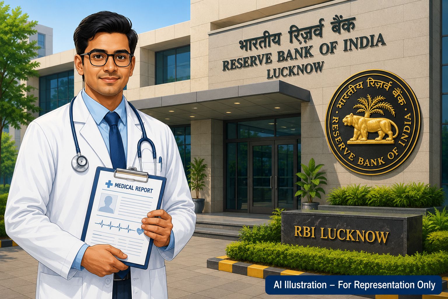 RBI Lucknow Bank Medical Consultant BMC Recruitment 2026 banner showing a doctor and the RBI building.