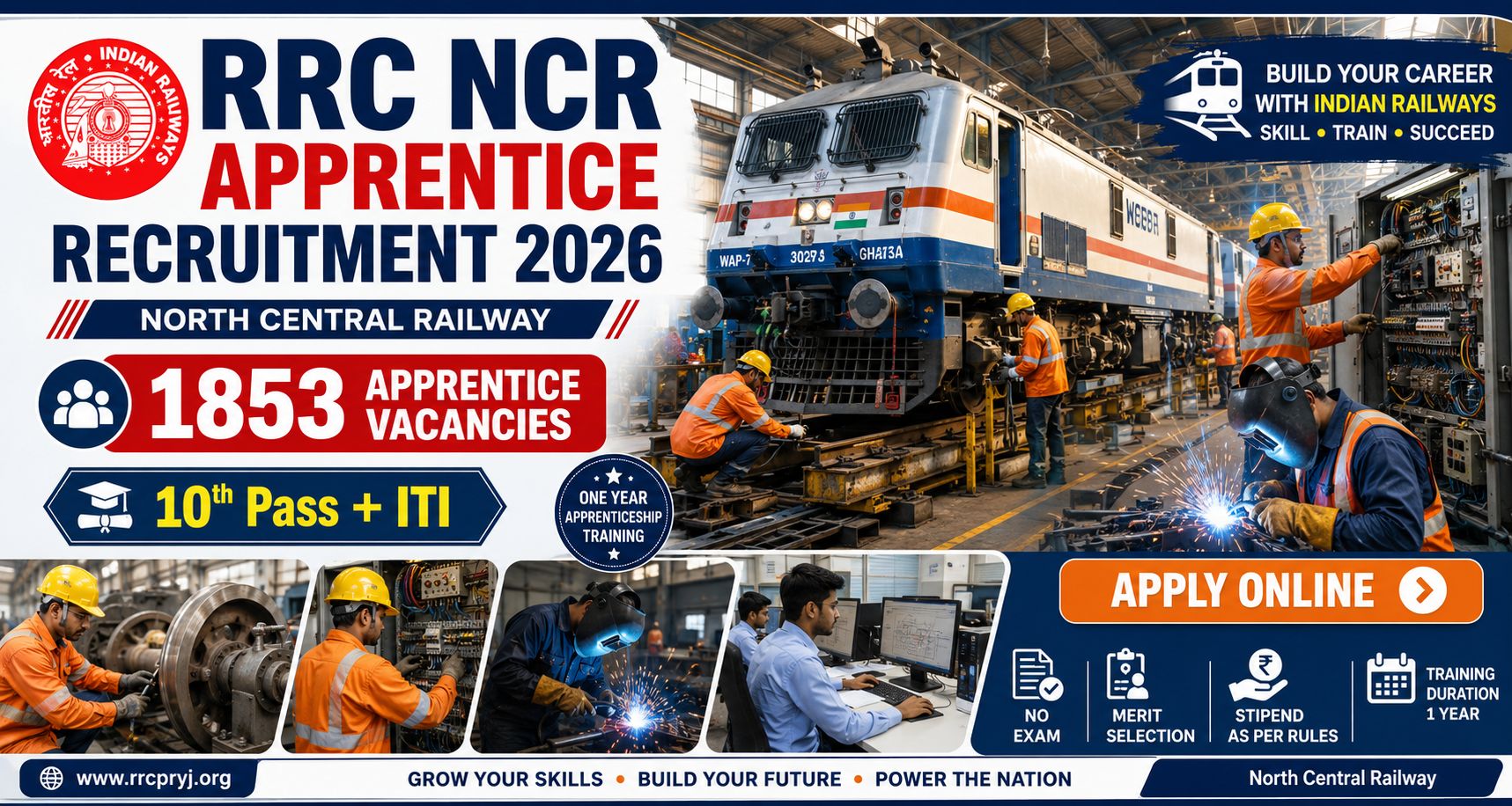 RRC NCR Apprentice Recruitment 2026 Notification for 1853 Apprentice Vacancies in North Central Railway