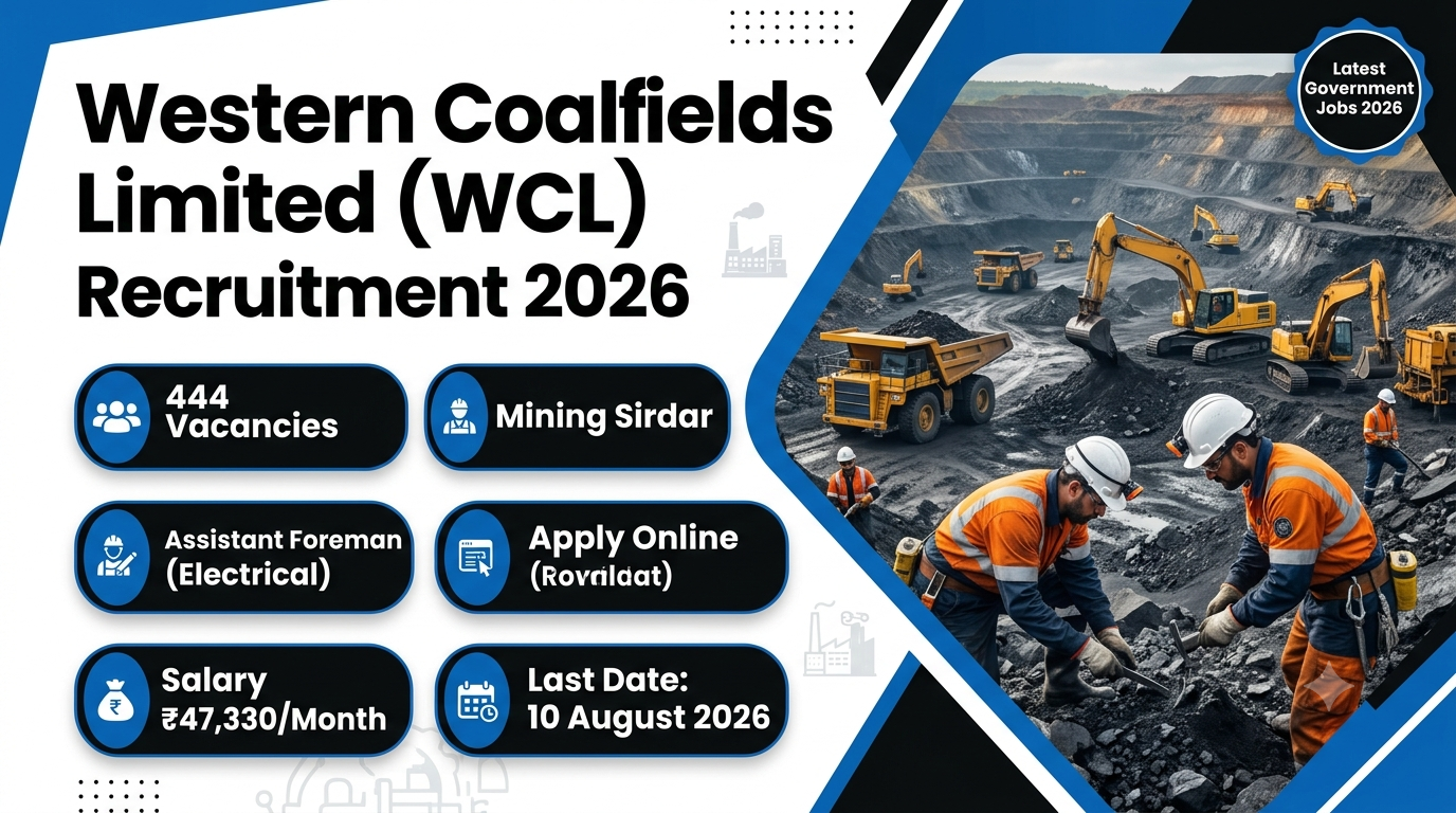 An recruitment image for Western Coalfields Limited's 2026 hiring, with images of an active mining site with excavators and dump trucks and information on 444 vacancies and more.